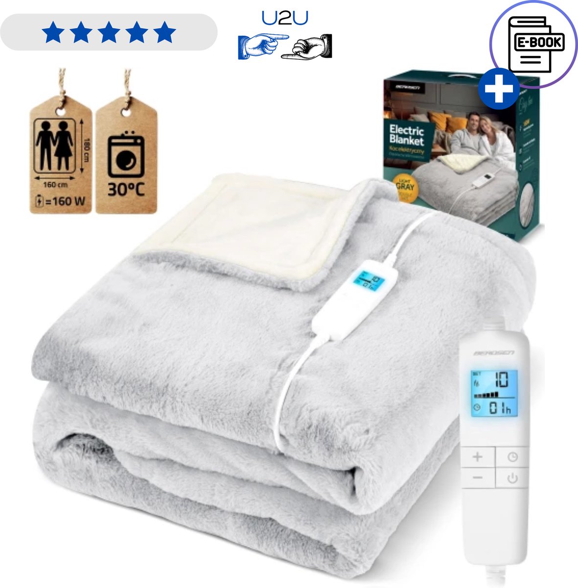 Berdsen Elektrische Deken 180x160 cm BD-962 – Verwarmde Plaid met 10 Warmtestanden Timer tot 10 Uur, LCD Bediening, Snelle Opwarming, Oververhittingsbeveiliging, Zachte Fleece voor Bank en Bed Energiezuinig en Comfortabel Gebruik Thuis Nu – Met Ebook