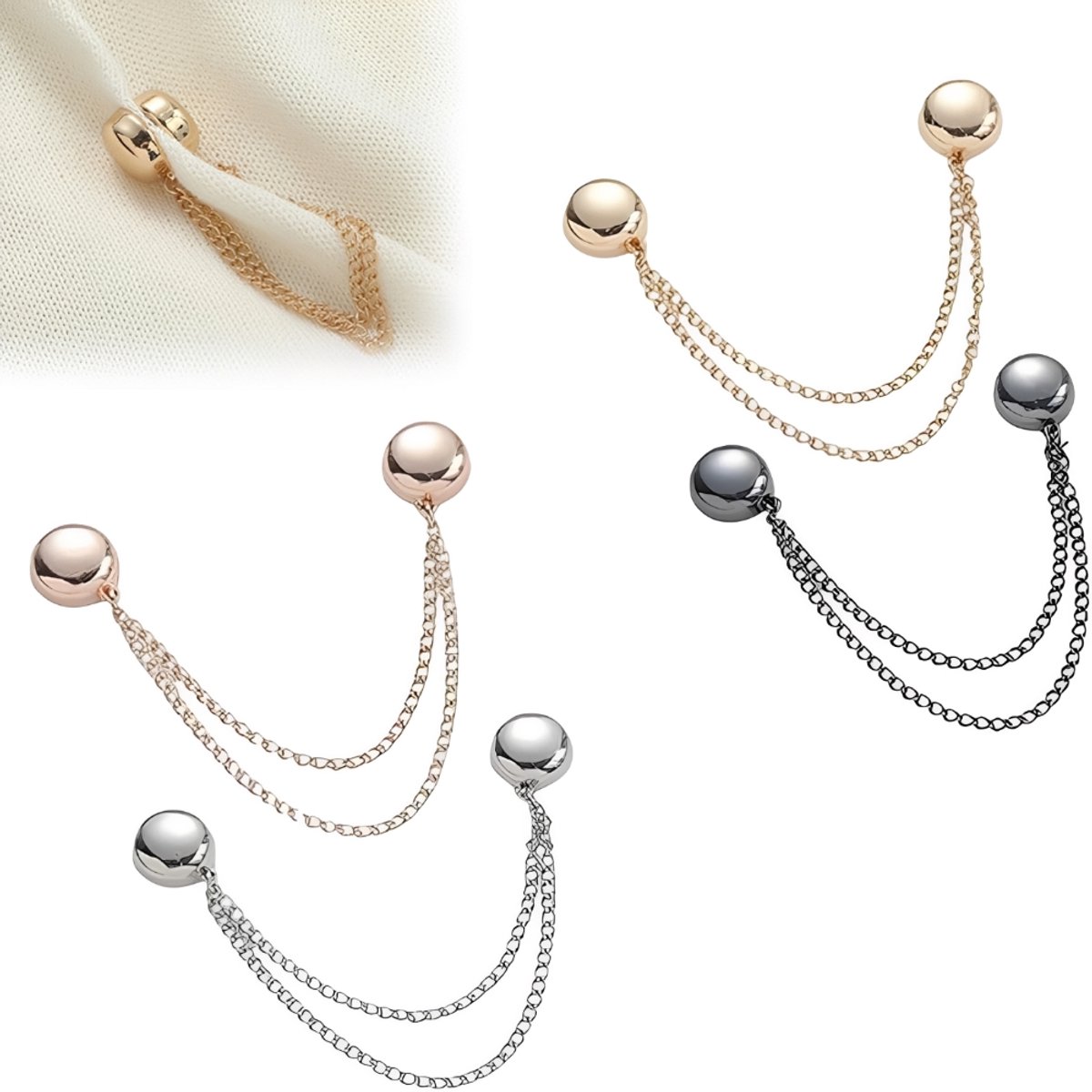 4-delige magnetische kledingclip met ketting - broekklem - broekclip - manchetclip - broekspijpclip - kleding clips - voor het vastzetten van mouwen, broeken en overhemdmanchetten - legering - goud/roségoud/zilver/antracietzwart