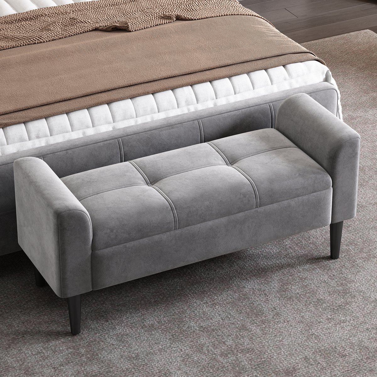 OKWISH Gestoffeerde Bank 116 X 44 X 56 Cm - Armleuningen & Steppatroon - Voor Slaapkamer Eetkamer Of Piano - Fluweel - Grijs