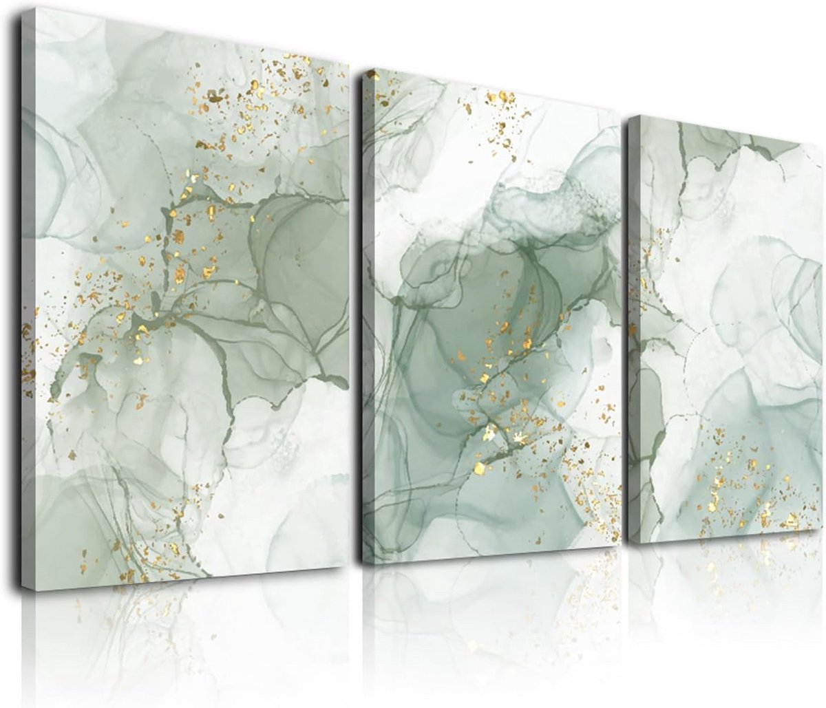 Set van 3 Saliegroene Abstracte Muurkunst - Ingelijste Moderne Wanddecoratie