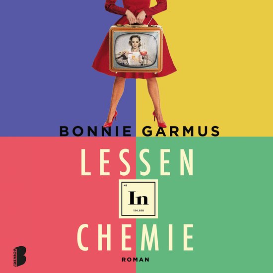 Vrouw in rode jurk met vintage televisie, "Bonnie Garmus Lessen in Chemie In Roman".
