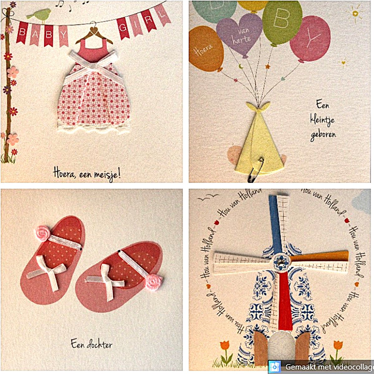 4 Luxe Wenskaarten Paperclip Paperwork Geboorte - Kaart - Meisje - Dochter - Geboortekaart - Wenskaart Set - 4 Motieven - Greeting Card - Grusskarte - Carte De Vœux - Dubbele Kaart - Rechthoek - Met Envelop - 15x12cm - Gratis Verzonden