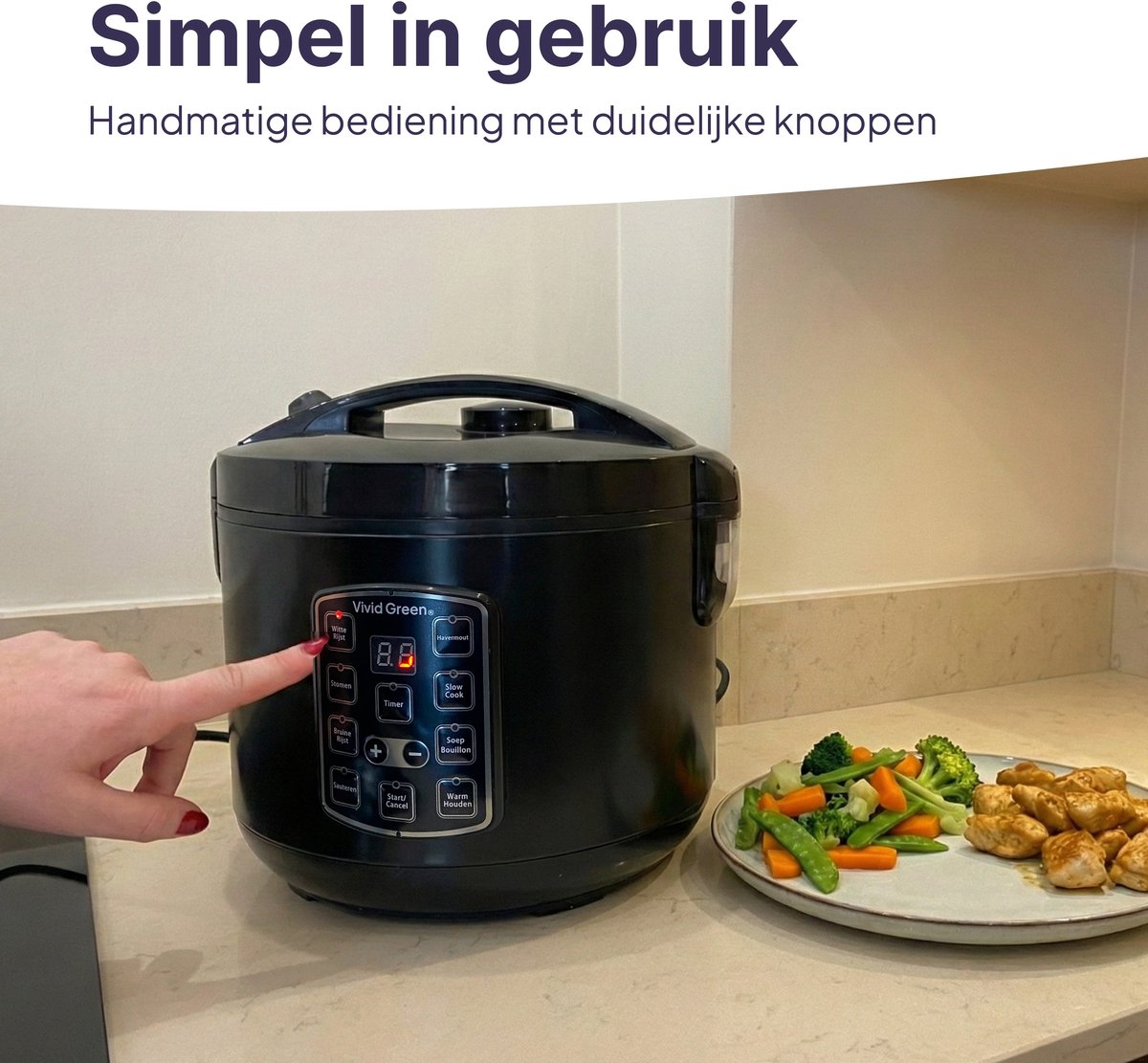 Rijstkoker met Stomer - 1.8L - Slowcooker met Timer - 10 Porties - Multicooker - Rice Cooker - Zwart - Vivid Green – foto 7