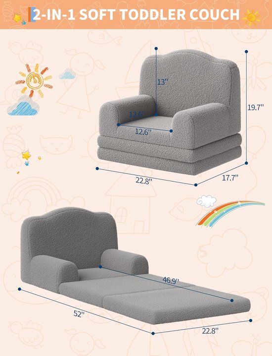 Opvouwbare 2-in-1 Kinderbank van Sherpa - Comfortabele Schuimfauteuil om te bouwen tot Lounger - Ideaal voor Kinderkamer & Speelkamer - Grijs van HOERFURIY — afbeelding 3