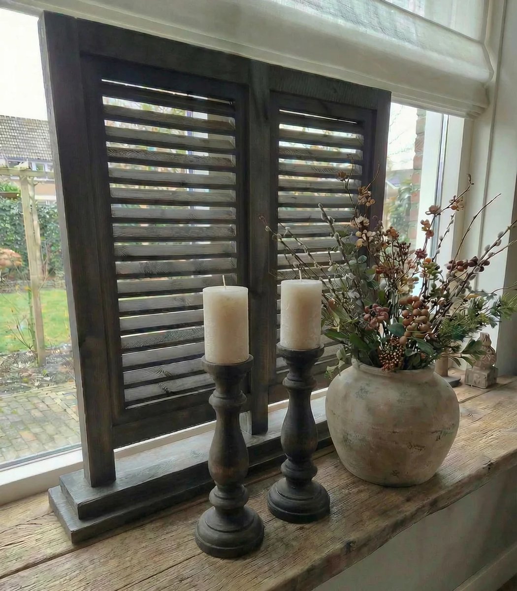 Dubbele Louvre luik op Voet – Raam Shutter - 70cm – Bruin - Handgemaakt