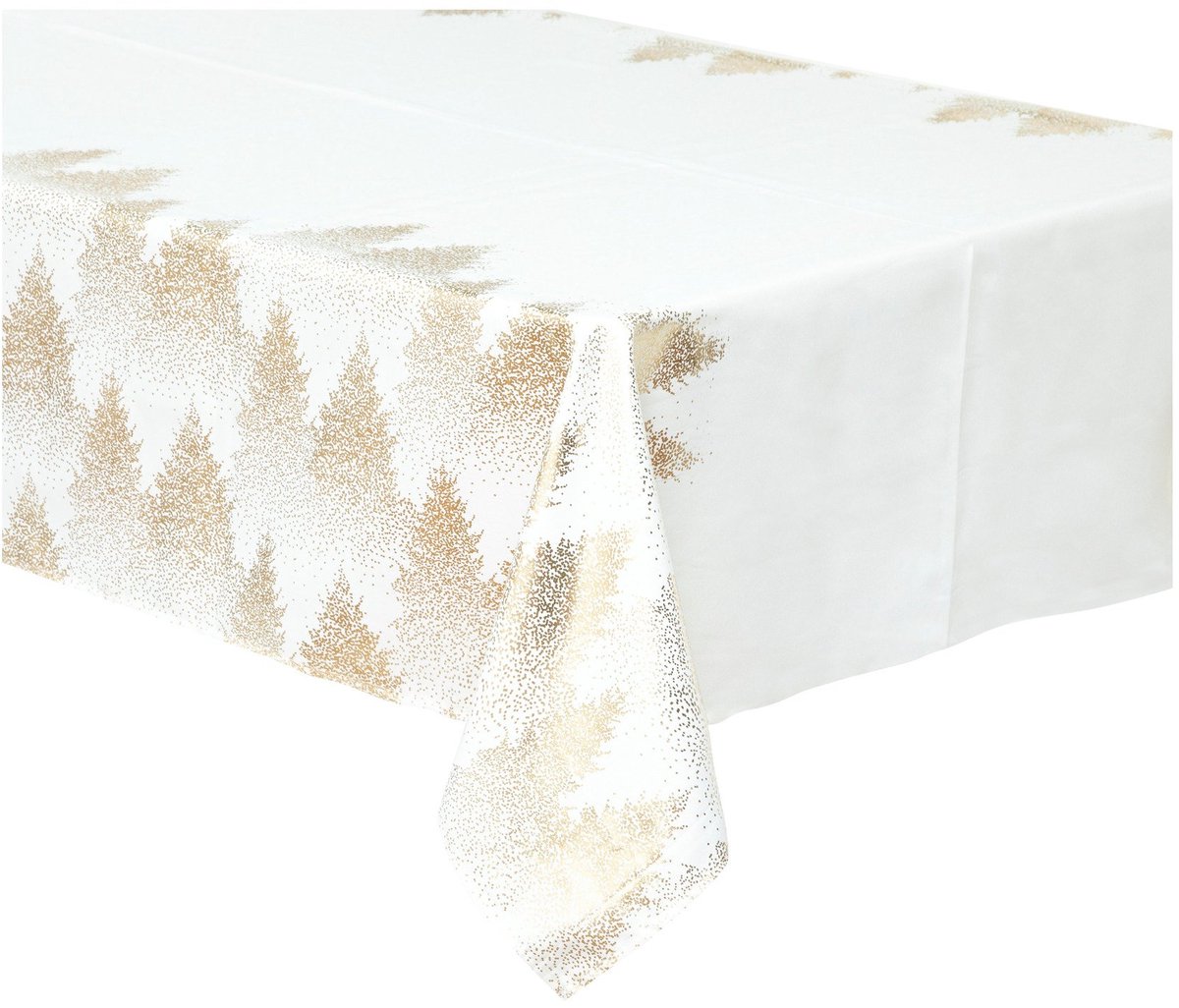 JJA - Wit en gouden tafelkleed met gevlokte dennenbomen 140 x 240 cm van polyester