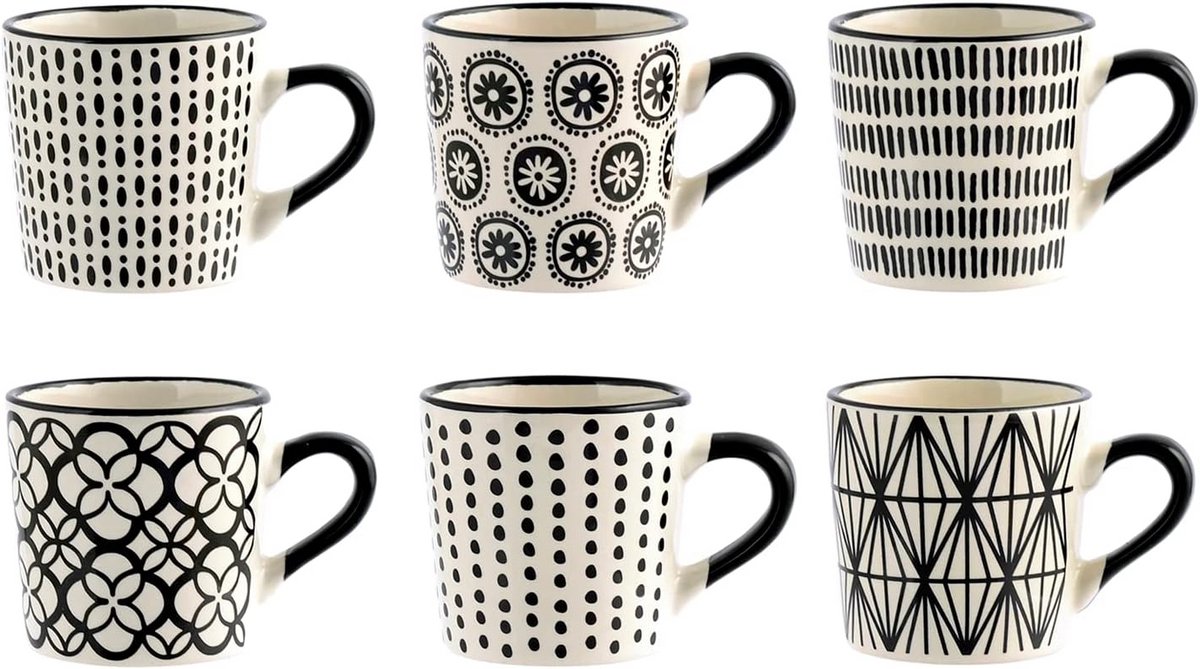 Set van 6 Koffiekopjes Steengoed Zwart Wit Decoratie Tijdloze Stijl