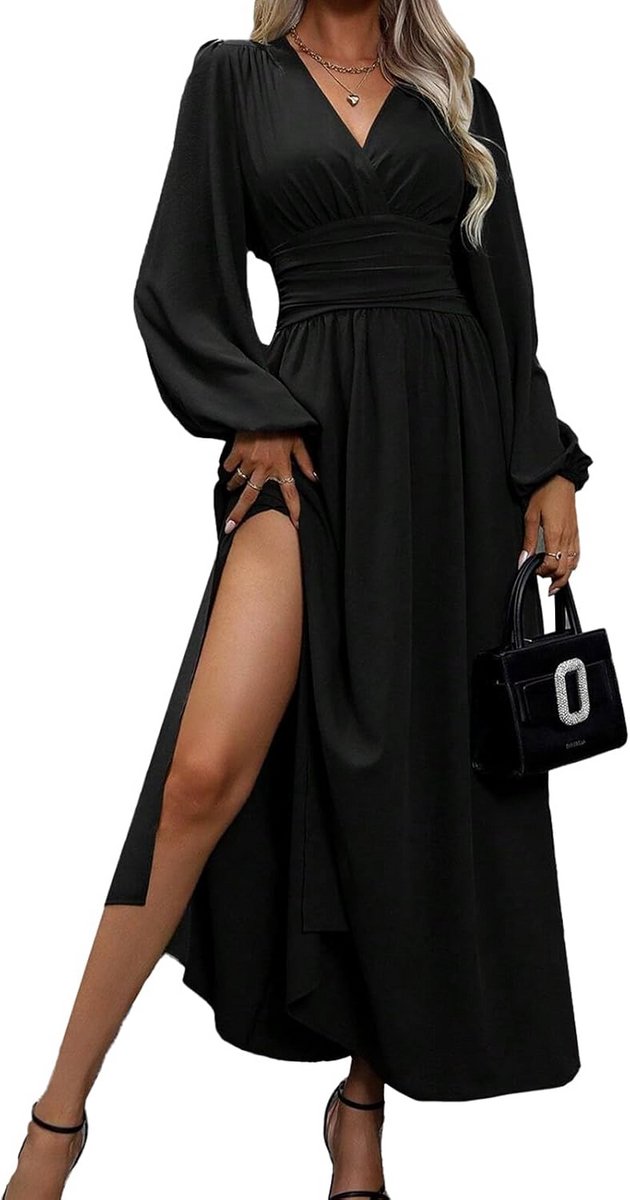 Elegante Maxi Jurk Dames met V-Hals, Pofmouwen en Split - Geschikt voor Feest en Bruiloft