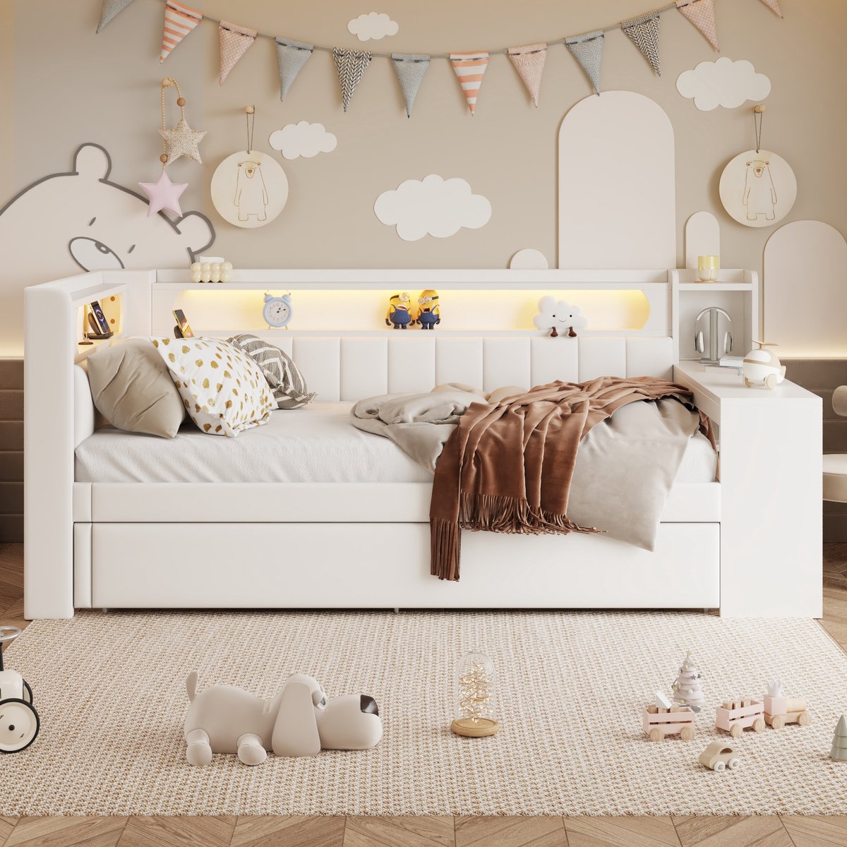 Wishdor Gestoffeerd Daybed 90x200 cm – Uitschuifbed – Bureau – LED 7 Kleuren en USB – Wit