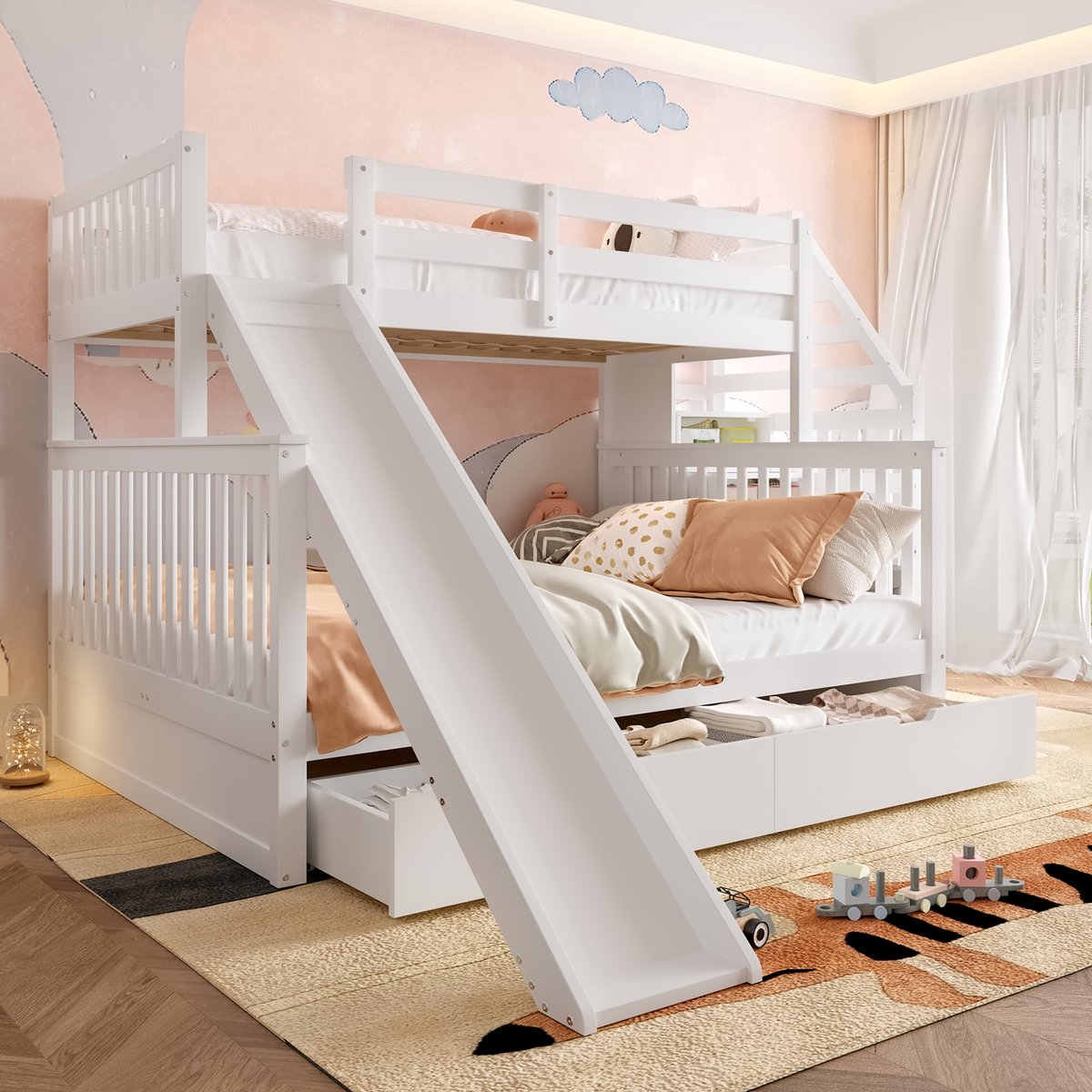 Wishdor Hoog-Laag Stapelbed 90x200 / 140x200 cm - Glijbaan en Opbergruimte - 2 Lades en 3 Rekken - Grenenhout en MDF - Antiek Wit