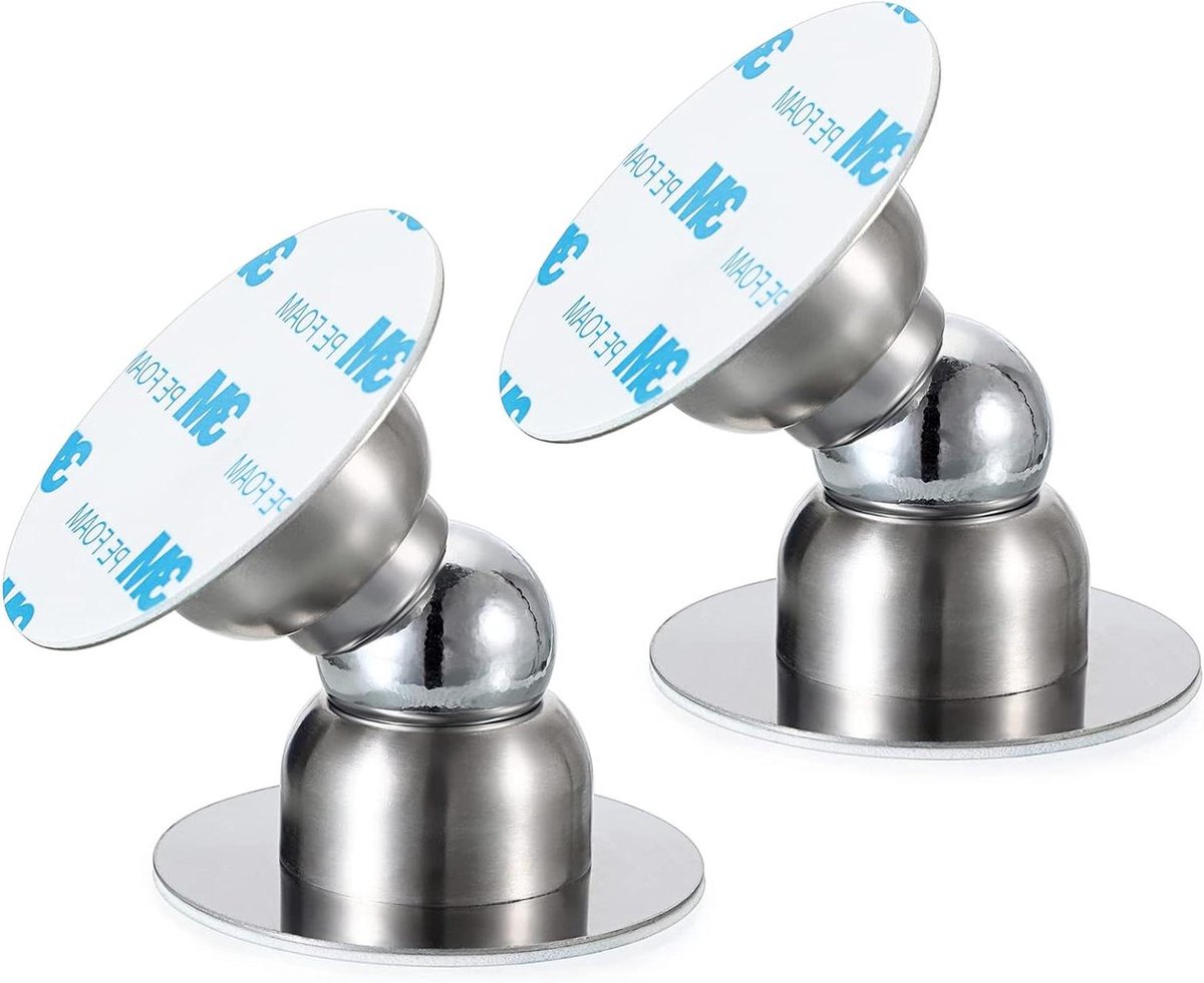 Set van 2 zelfklevende magnetische deurstoppers voor no-drill montage - Roestvrij stalen deurstopper - Zilverkleurig - Handig en duurzaam.