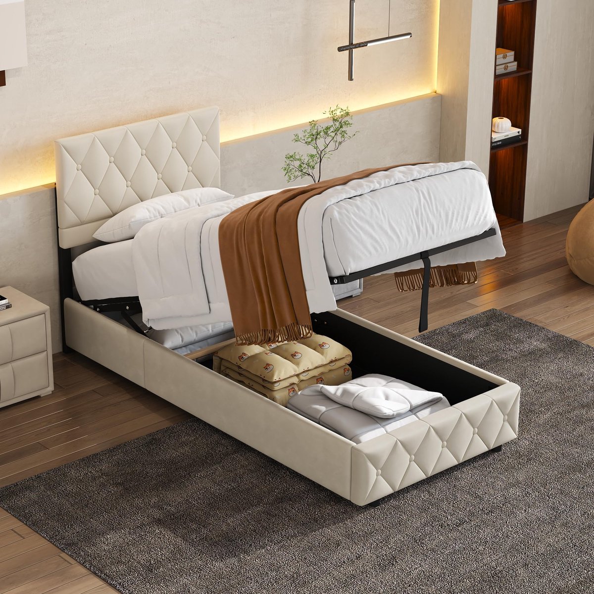 MIVRAY Eenpersoonsbedden 90x200 - Opbergbed - Stevig Bedframe - Met Opbergruimte - Hoogwaardig Fluweel - Beige