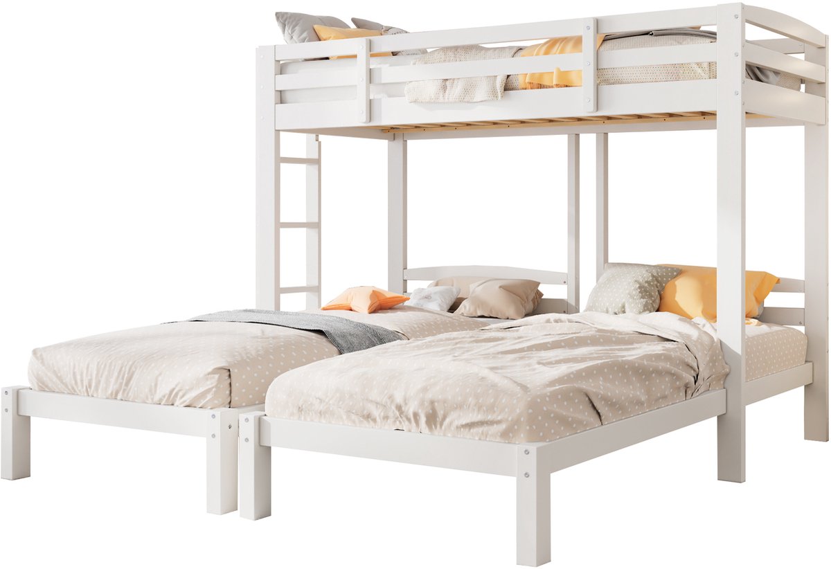 Merax 3-persoons Stapelbed 90x200 Grenenhout Wit met Ladder