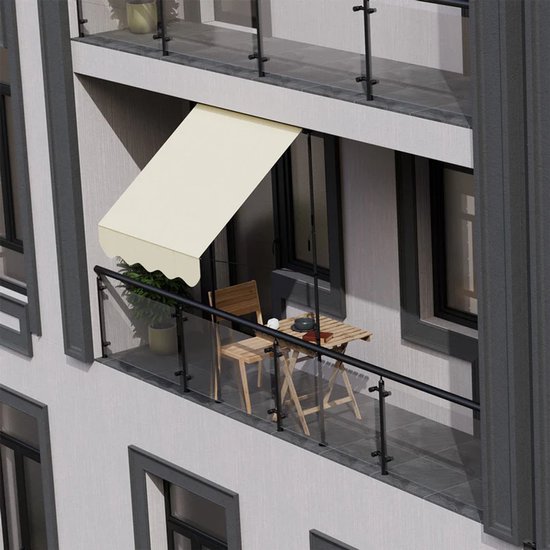 Beige balkconluifel van 200 cm breed, uitgeschoven boven een balkon met tafel en stoelen.