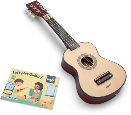 Woet® houten speelgoedgitaar – naturel – met draagriem en muziekboekje