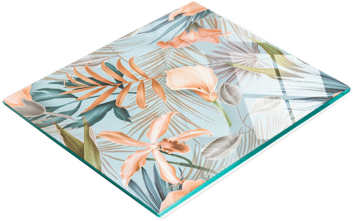 Decoratieve snijplank van gehard glas met tropische bloemen, 60x52 cm