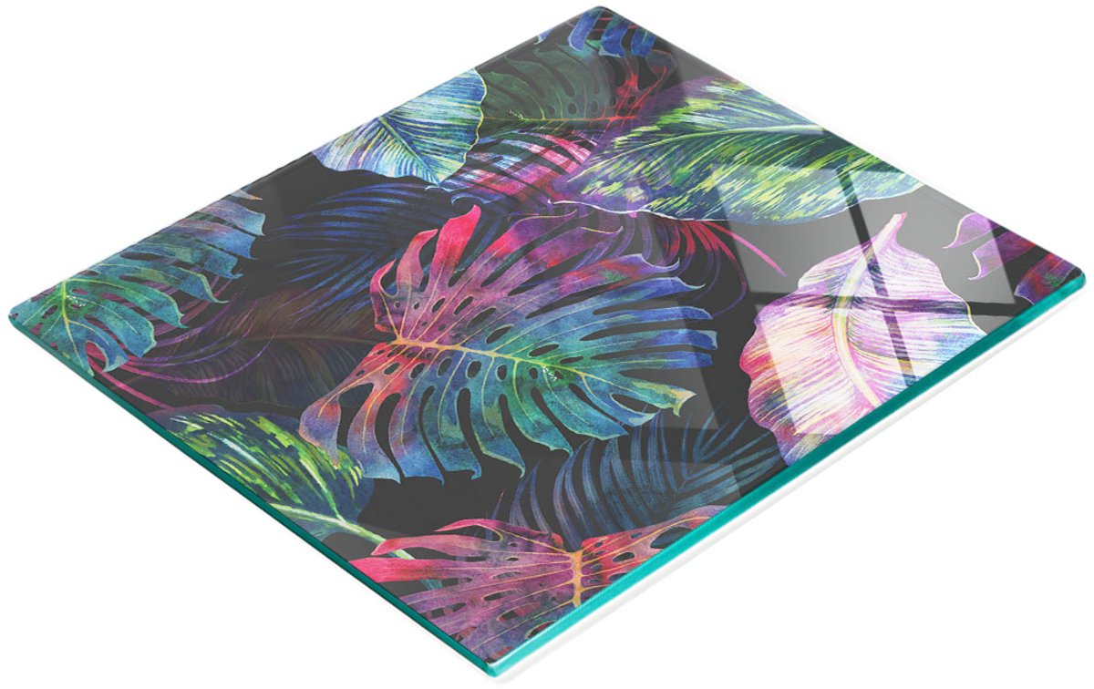Decoratieve snijplank van gehard glas met jungle- en bladerenmotief, 60x52 cm