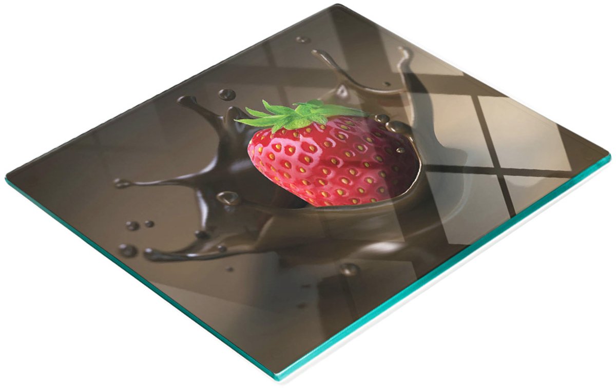 Decoratieve snijplank van gehard glas met aardbei-chocoladeprint, 60x52 cm