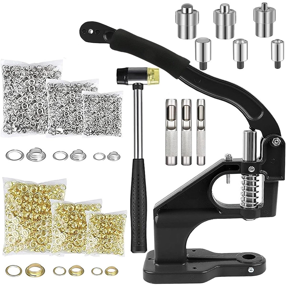Oogjestang - met 1500 Stuks 3 Matrijzen 6/10/12 mm - Metalen Zeilringmachine - Handpersmachine - Perforators - Oogpons - Klinknageloogjes - Handmatige Persset - Zwart