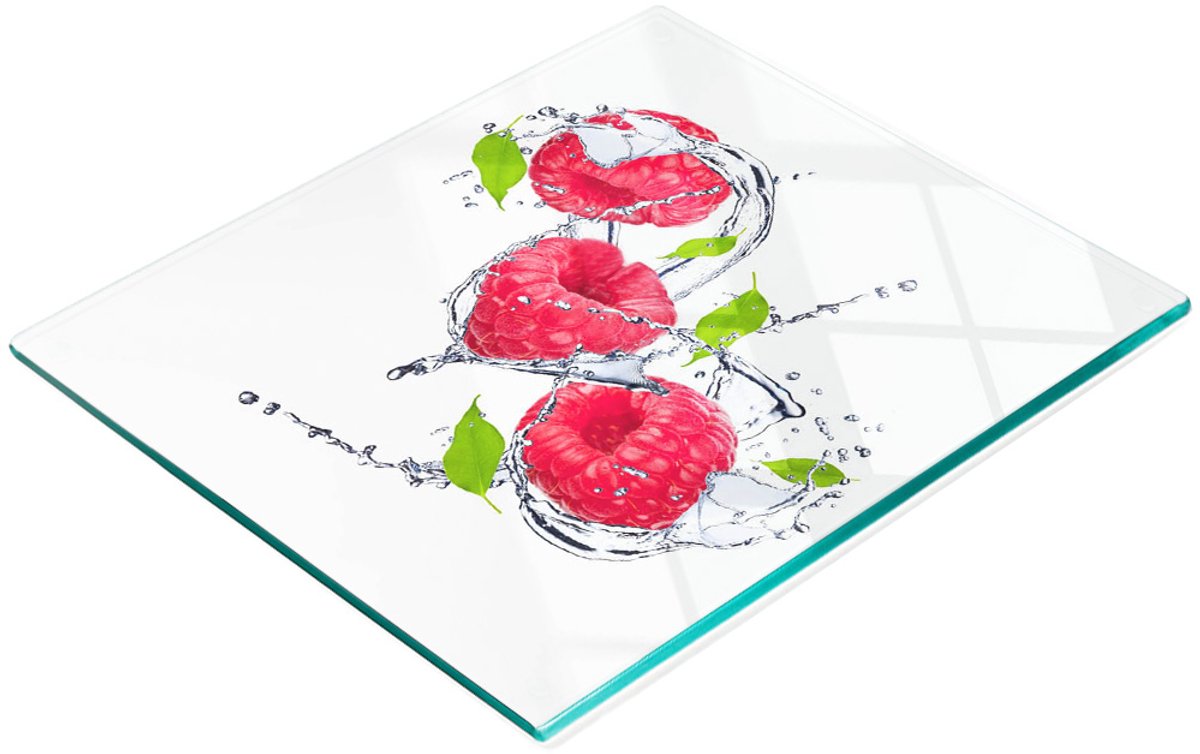 Keukenplank van gehard glas met decoratieve frambozen- en waterafbeeldingen, 60x52 cm