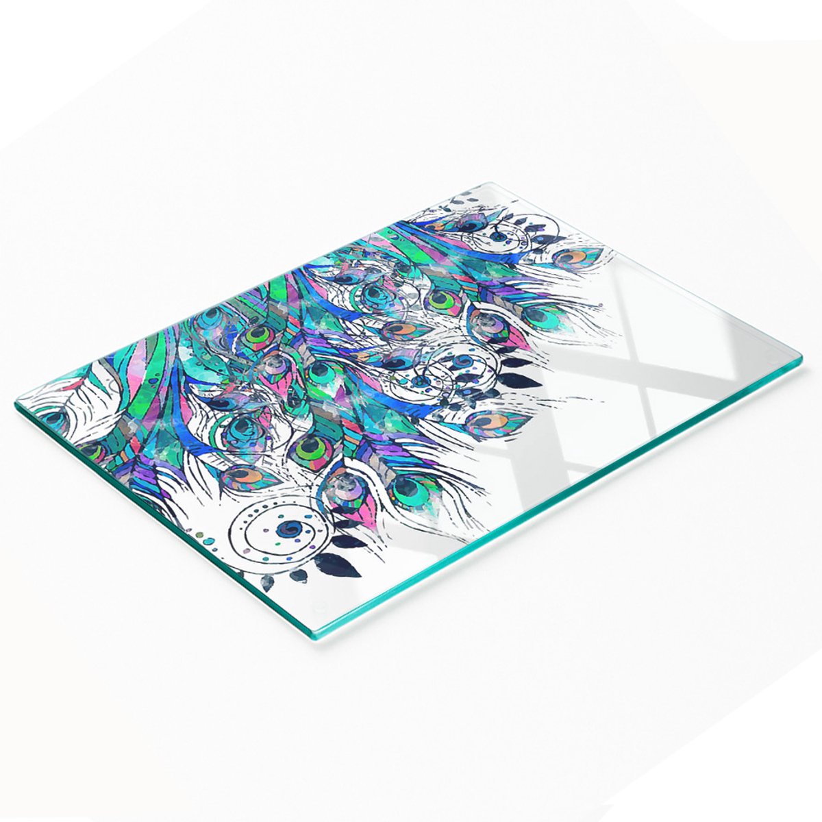 Keukenplank van gehard glas met decoratieve afbeeldingen van pauwenveren, 80x52 cm