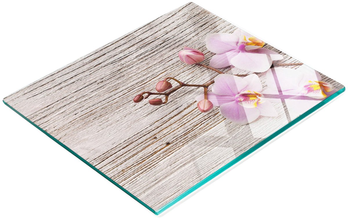 Stijlvol en duurzaam glazen bord met orchideeënprint op hout, 60x52 cm