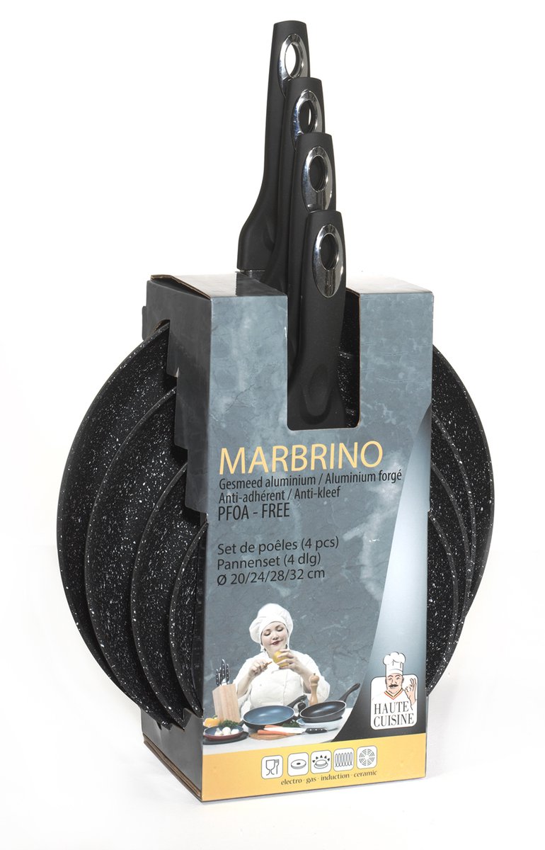 Haute Cuisine Marbrino Pannenset 4-delig – Ø20/24/28/32 cm – Antikleef Marmer – Gesmeed Aluminium – Alle vuren incl Inductie – PFOA-vrij