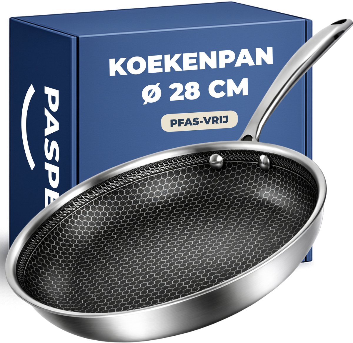 Pasper Koekenpan Ø 28 cm - PFAS & PTFE vrij - Inductie, Elektrisch, Keramisch & Gas - RVS Honingraat Anti-Aanbakpan