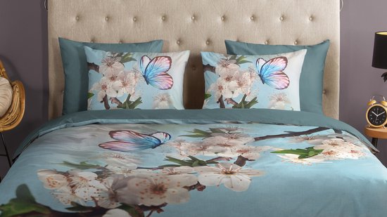 Good Morning dekbedovertrek bloemen en vlinders - 2 persoons 200x200/220 cm - Aqua - 100% Katoen renforce van Merkloos — afbeelding 5