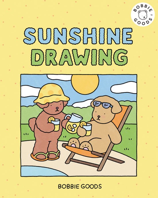 Zonnige tekening met Bobbie Goods. Twee honden genieten van drankjes in de zon, met de tekst 'SUNSHINE DRAWING'.