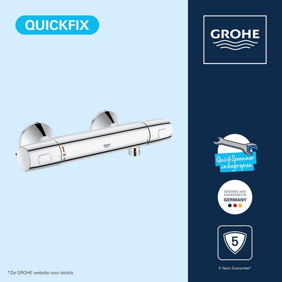 Chroom thermostaatkraan met Quickfix en "QuickSpanner inbegrepen" logo.