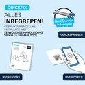 Layout met "Quickfix", "Alles inbegrepen!", "QuickSpanner", "Quickguide" met tekening en "Quickvideo" met smartphone en QR-code.