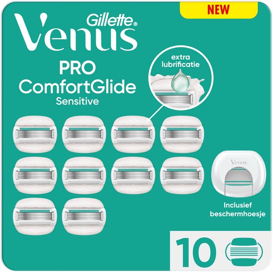 Verpakking met 10 Gillette Venus Pro ComfortGlide Sensitive scheerkoppen met extra lubricatie en beschermhoesje.
