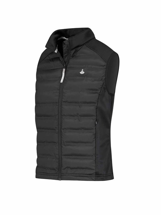 Zij-aanzicht van een zwarte, gewatteerde bodywarmer voor dames van Bjørnson met ritssluiting.