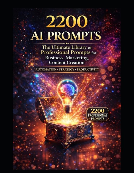 Boekomslag met gloeiende lamp met brein en schatkist op een kosmische achtergrond met tekst 2200 AI PROMPTS.
