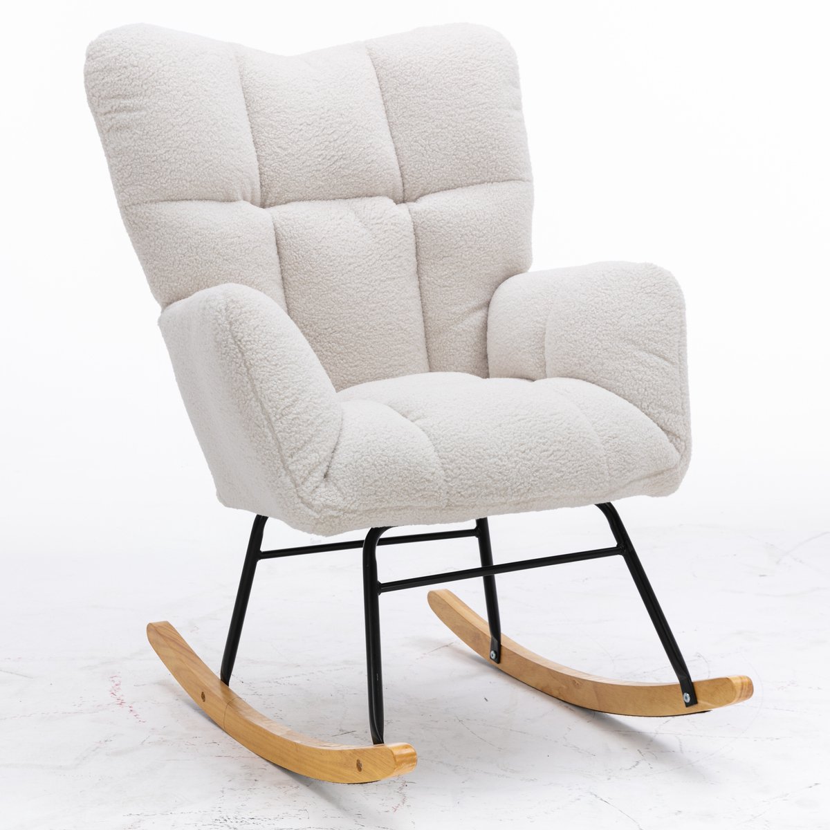 Mid Century Moderne Schommelstoel van Teddy Stof met Getufte Bekleding, Gepolsterde Zitting voor Woonkamer en Slaapkamer, Wit