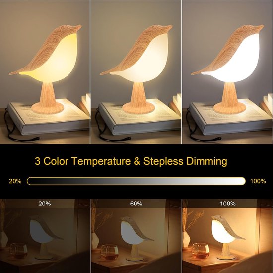 Kleine bureaulamp - vogel lamp met 3 kleurtemperatuur en aanraaksensor - draadloze kinderlamp met oplaadbare batterij - voor slaapkamer, nachtkastje, nachtkastje, auto decoratieve verlichting — afbeelding 3