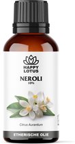 Bruine glazen fles met Happy Lotus Neroli 10% etherische olie en witte bloemen.
