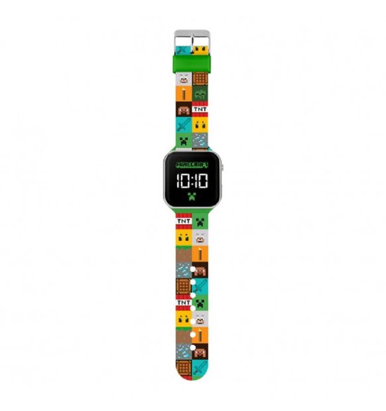 Minecraft kinderhorloge met digitaal display en band met blokpatroon en Minecraft figuren, zoals TNT.