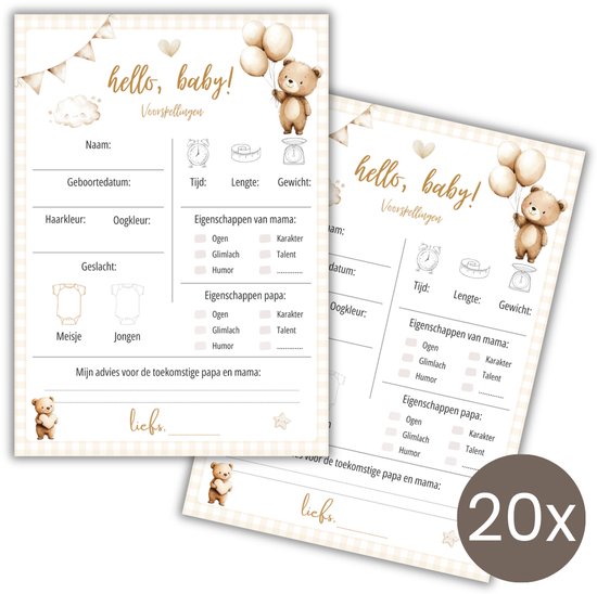 Twee babyshower invulkaarten met 'hello, baby! Voorspellingen', teddybeer en ballonnen. Op de voorkant staan invulvelden. Stickers met '20x'.