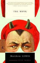 De kaft van "The Monk" van Matthew Lewis toont een close-up van een man met een rode duivelshoornmuts, met de tekst "The Monk" en een citaat van Samuel Taylor Coleridge.