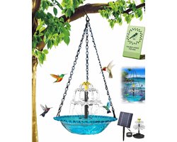 Hangend Vogelbadje met Solar Fontein - Vogeldrinkbak op Zonne-energie - Inclusief Ophangketting - Tuindecoratie voor Vogels - Wildlife Vogeldrinkschaal voor Tuinvogels - Vogelbad voor Buiten - Blauw
