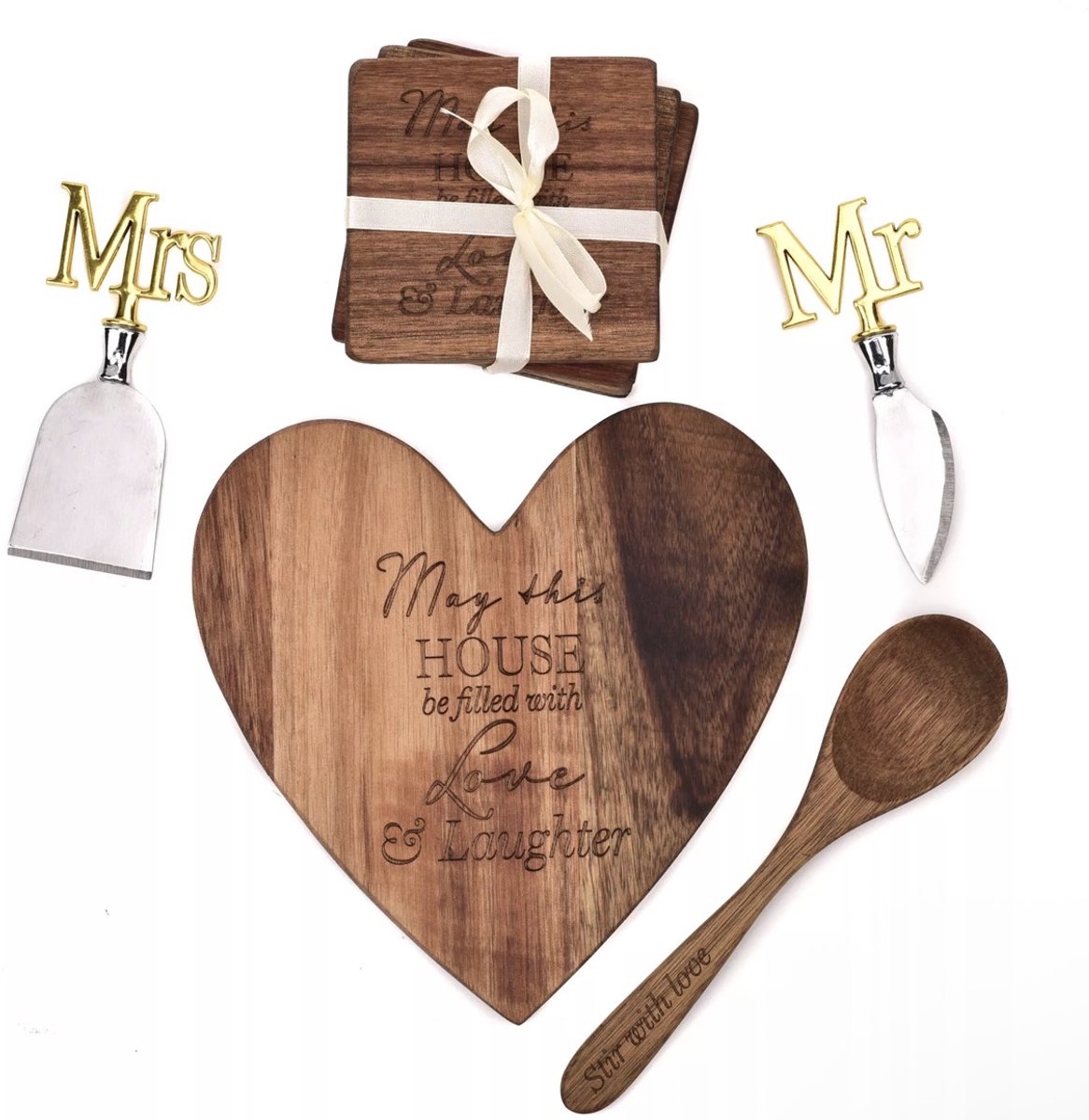 Amore Hart Bord, Onderzetters, Kaasmes en Lepel Set - Mr & Mrs
