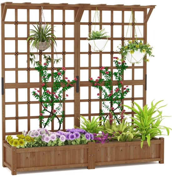 Houten Plantenbak Met Rankrooster – 98x36x55 Cm, Met 18 Liter Uitschuifbare Plastic Inzetbak, Ideaal Voor Klimplanten, Balkon En Terras, Bruin