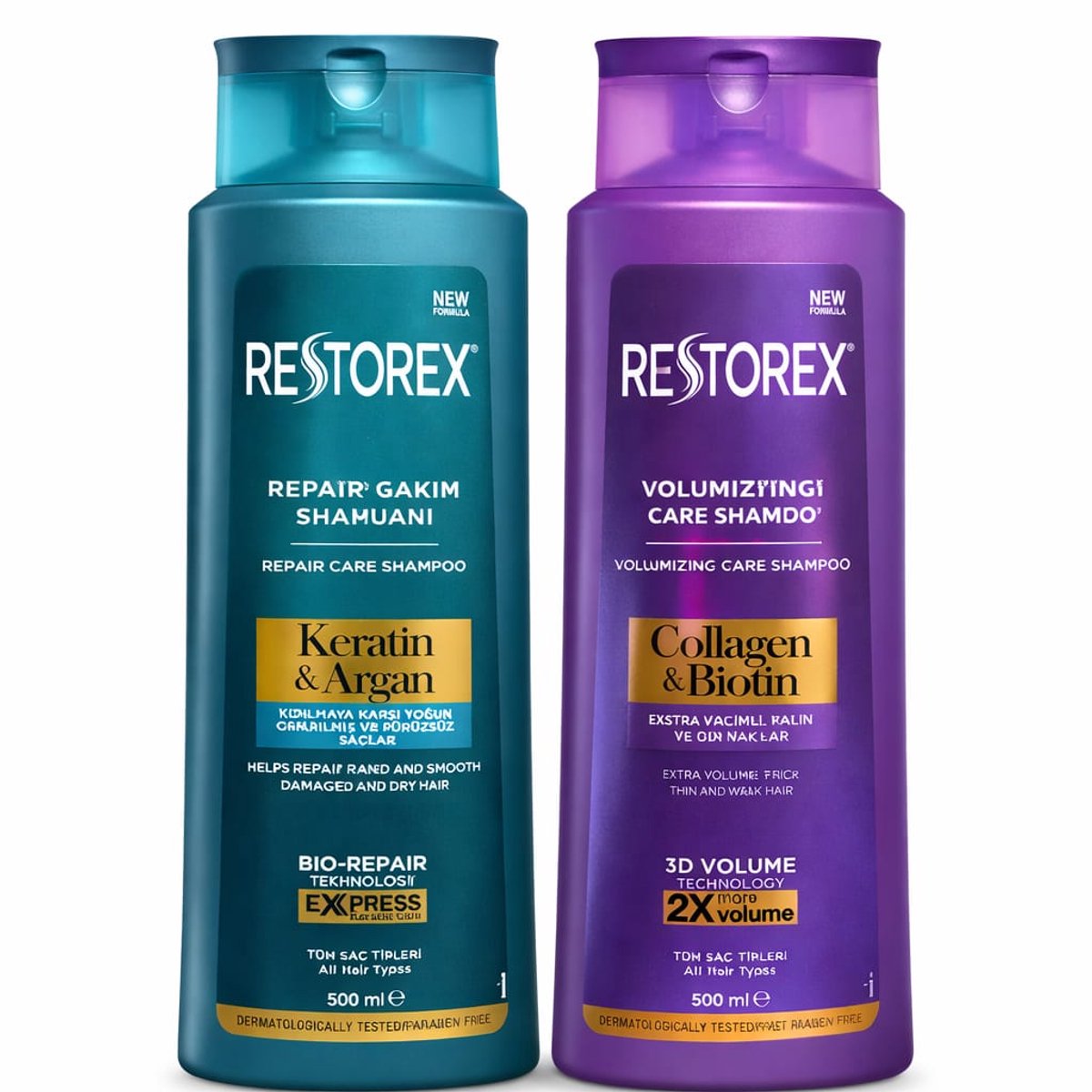 Restorex Shampoo Set 2x500ml – Keratin & Argan + Collagen & Biotin – Repair & Volume Shampoo – For All Hair Types