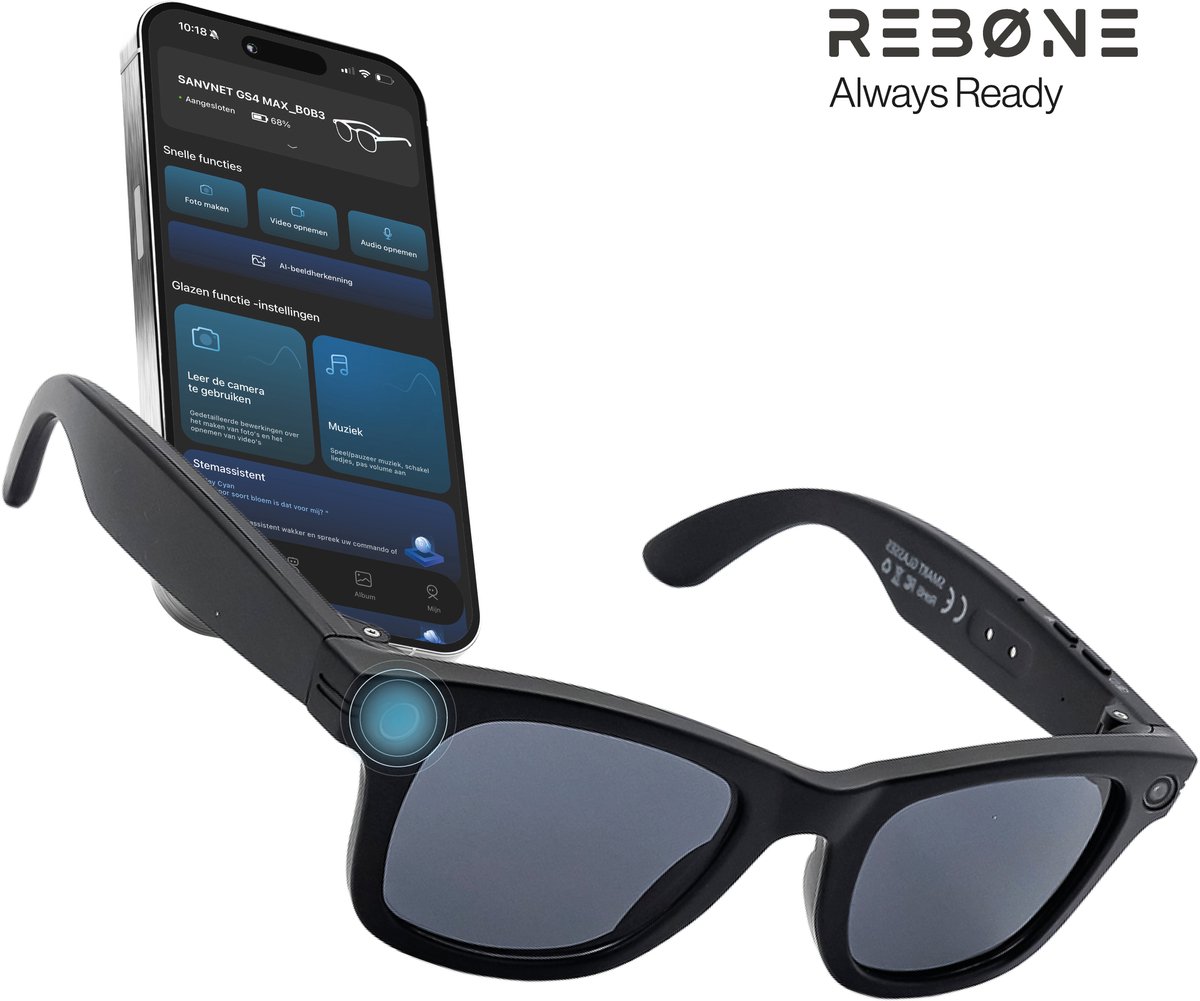 Smart Bril met Camera - Ai Smart Glasses - 8MP - Ai Slimme Zonnebril - 1080p Full Hd Spycam - Smartglasses met Bluetooth - Blauw Licht Filter Glazen - Nederlandse App - Wifi - Zwart