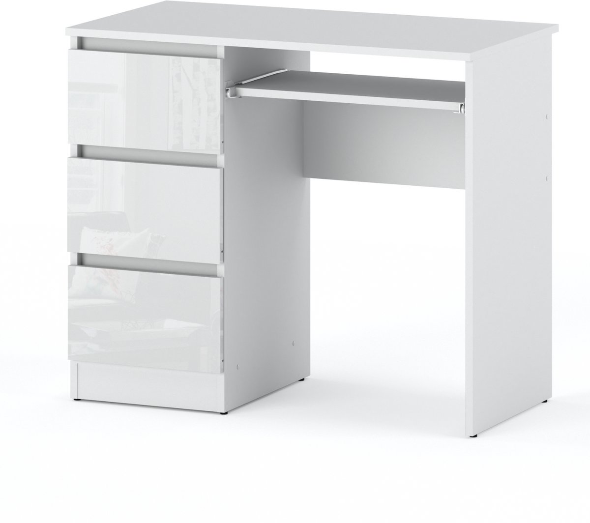 Glanzend wit bureau met 3 lades, 90 cm, schoolmeubel of gamemeubel.