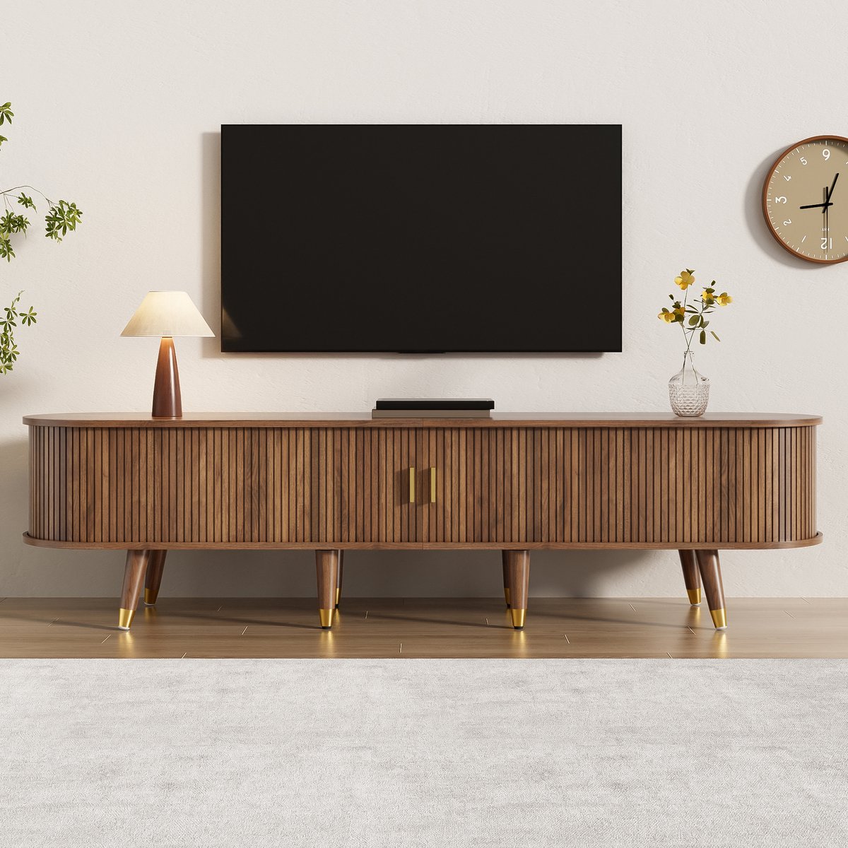 MODFU - TV-Meubel - Rotan Schuifdeur - Landelijke Stijl - Woonkamer - MDF - Walnootkleur -