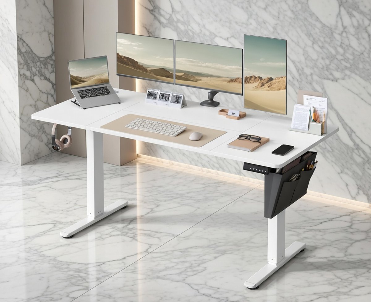 Elektrisch In hoogte Verstelbaar Bureau 160x70 cm – Traploos Verstelbaar Zit-Sta Bureau met Geheugenfunctie, Modern Design, Wolkenwit – Ergonomisch Werkplek Bureau voor Thuis en Kantoor House&Garden