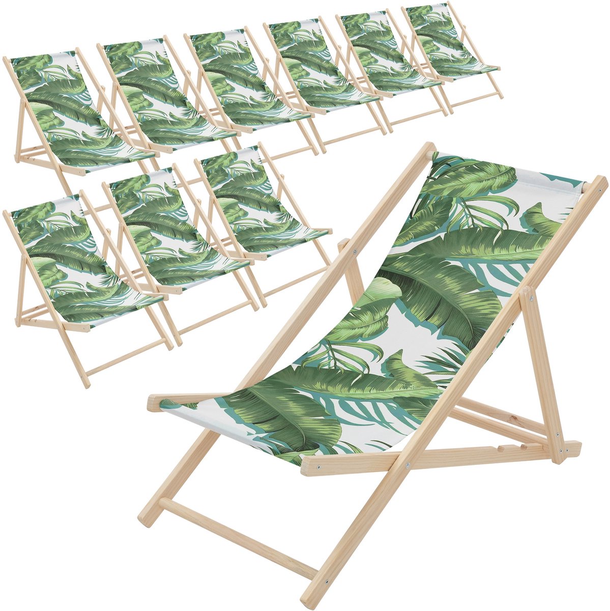 Set van 10 houten tuinligstoelen in tropisch groen en wit opvouwbare strandstoel Strandstoel Ligstoel Relaxligstoel